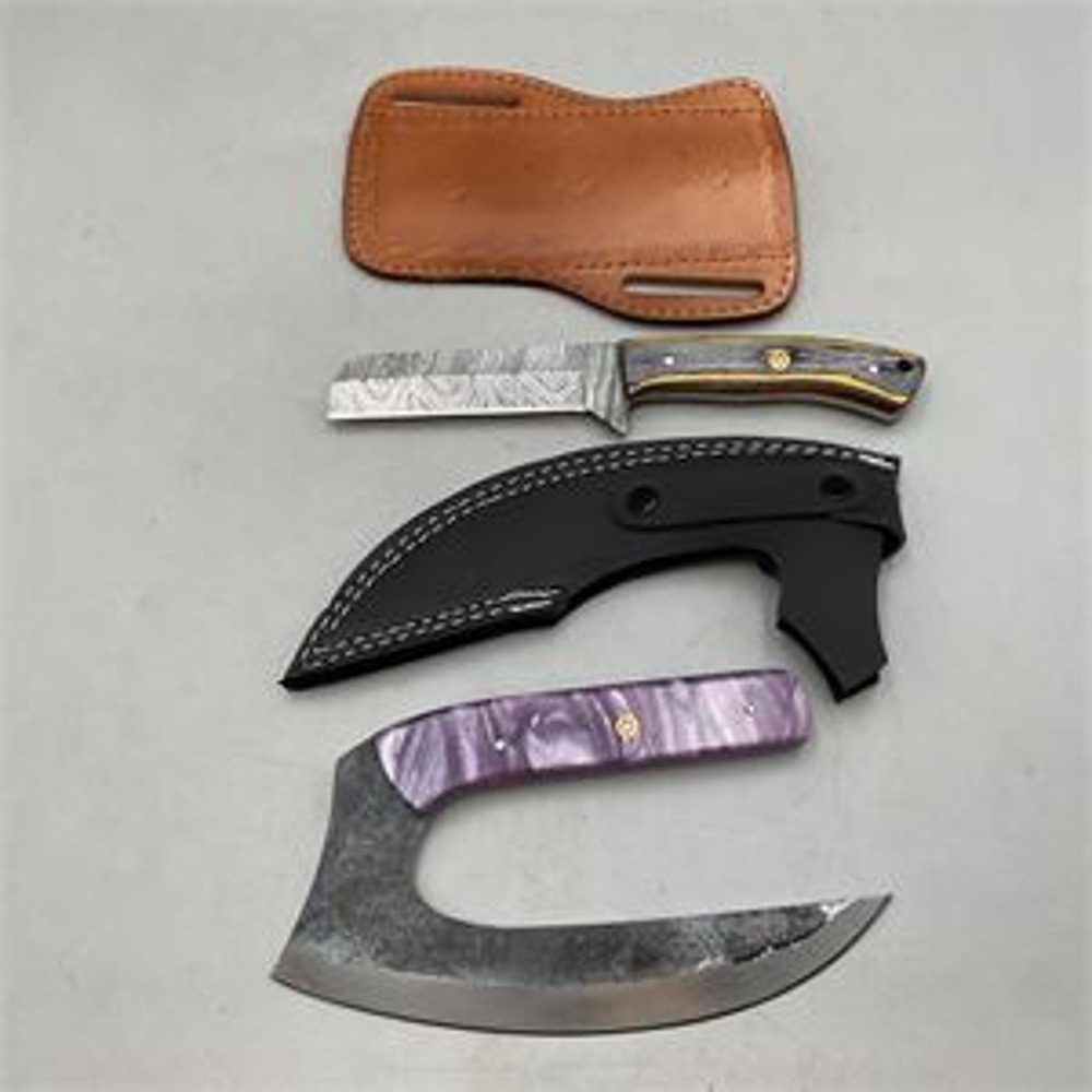 Shareez & Sons Damascus Cleaver & Ulu Chopper Fixed Blade Knife Set with Sheaths